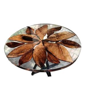 Table de salle à manger ronde industrielle moderne avec bord brut en bois massif et résine époxy transparente pour la maison, le bureau, l'hôtel et la salle à manger. - Product Image 1