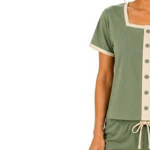 Olive Green And Cream Women Two Piece Shorts Set Square Neck Button <b>Top</b> Football Print Casual Summer Cotton Lounge Wear Outfit - Product Image 3