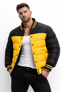 Veste bomber d'hiver pour homme, noire et jaune, style varsity, avec boutons-pression, streetwear, col et poignets côtelés, coupe ajustée - Product Image 4