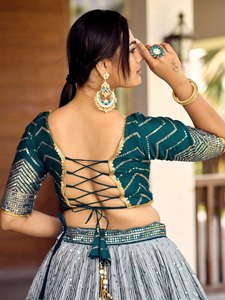 Teal Blue <b>Sequin</b> Lehenga Choli With Dupatta V Neck Embroidered Pleated Dress Bride Wedding Party Wear - Product Image 3