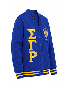 เสื้อคาร์ดิแกนคอวีผู้ชาย Sigma Gamma Rho แขนยาว ปักลายตัวอักษร สำหรับใส่ในฤดูใบไม้ร่วง สีน้ำเงิน-เหลืองลายทาง ผ้าอะคริลิกบุขนสัตว์ - Product Image 3
