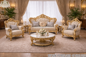 Muebles de Salón Tallados en Estilo Barroco con Hojas de Oro, Estilo Maharaja Real, Juego de Sofá de 5 Plazas con Mesa de Centro Tallada con Cabeza de León, Reino Unido - Product Image 4