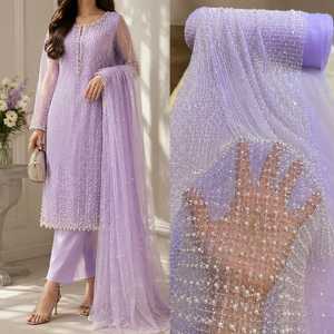 Ensemble de costume pakistanais en tulle orné de perles et de cristaux pour femmes – Salwar Kameez de créateur pour les occasions spéciales avec Kurta richement brodée à la main - Product Image 2