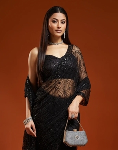 Sari de red bordado estilo Bollywood KV (Negro) - Product Image 1