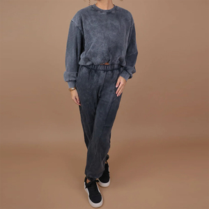 custom logo High Quality Women's Oversized Acid Wash <b>Tracksuit</b> Heavyweight 100%Cotton Crew Neck Loose Fit <b>Tracksuit</b> Solid Color - Product Image 2