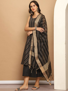 <b>Women</b> Traditional Black Cotton Digital Print <b>Kurta</b> Dupatta A-Line Sleeveless Regular Fit Knee-Length Quick Dry Casual Wear India - Product Image 2