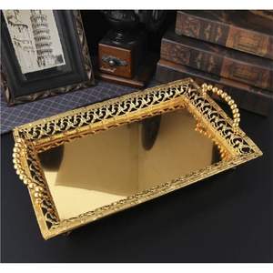 Luxury <b>Gold</b> <b>Mirrored</b> Metal Serving Tray Decorative Ornate Filigree <b>Rectangular</b> Vanity Tray for Wedding Party Home Decor Gifts - Product Image 1