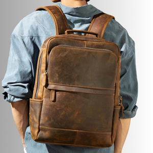 Genuine Leather Vintage Style Travel Laptop <b>Backpack</b> <b>with</b> Nylon Lining Business Casual Design 36-55L Capacity - Product Image 6