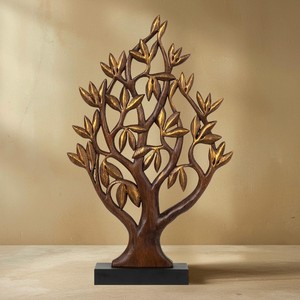 Sculpture d'arbre en teck artisanal avec détails en feuille d'or - Vente en gros depuis l'Inde - Product Image 1