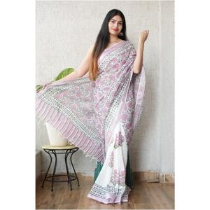 Elegante Saree de Algodón y Lino Tejido a Mano con Blusa de Lino y Pallu Estampado, Ropa Étnica Tradicional para Mujer - Product Image 1