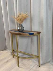 Azure Crescent Epoxy <b>Console</b> <b>Table</b> Handcrafted Walnut Wood Living Room Furniture with <b>Gold</b> Frame Modern Luxury Durable Live Edge - Product Image 2