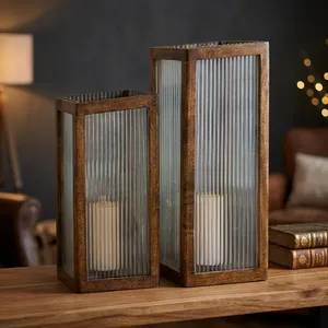 Juego de Portavelas de Vidrio y Madera Modernos con Paneles de Vidrio Acanalados, Faroles Decorativos Rústicos para Decoración del Hogar en Interiores y Exteriores - Product Image 5