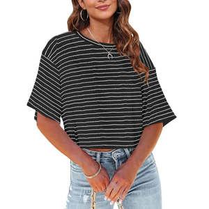 Camiseta Corta a Rayas para Mujer, Blusa Holgada con Hombros Caídos, Estampado de Cebra, Rayas Horizontales en Blanco y Negro, Venta al por Mayor - Product Image 2