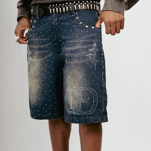Shorts en jean pour hommes, décontractés, vintage, en denim uni, avec logo personnalisé, strass, 100 % coton, séchage rapide, respirants, taille moyenne, vente en gros pour l'été - Product Image 3