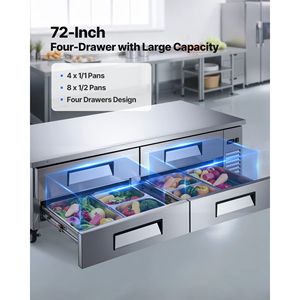 Attrezzatura di Refrigerazione per Cucine Commerciali, Frigorifero da Lavoro Chef Base 72 Pollici con 4 Cassetti, 12 Vaschette, in Acciaio Inox, Capacità 800 Libbre - Product Image 2