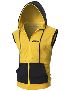 Men's Sleeveless Hooded Vest Yellow Black Zipper Front Casual <b>Sweatshirt</b> Regular Fit Autumn Wear - Product Image 3