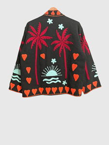 Veste noire à col mandarin brodée à la main avec motif palmier, manches chauve-souris, grande taille, pour femme, tenue d'été - Product Image 2