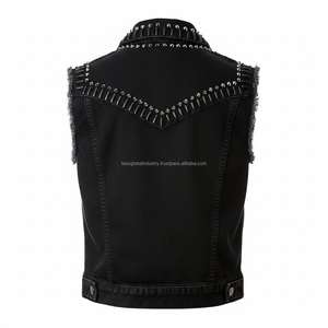 เสื้อกั๊กยีนส์ผู้ชาย แขนกุด สีดำ ทรงเข้ารูป แต่งขาดๆ แบบสั่งทำ OEM ขายส่ง - Product Image 2