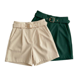 Shorts en tissu tricoté taille haute pour femmes, couleur unie, avec ceinture, coupe décontractée, 100% coton, logo personnalisé, blanc, vert - Product Image 1