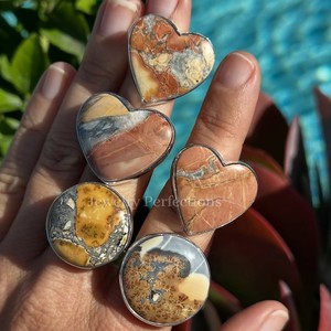 Anillos Bohemios al por Mayor de Plata de Ley 925 con Gema de Jaspe Maligano Original, en Forma de Corazón y Redonda para Mujer, Precio de Fábrica - Product Image 1