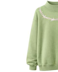 Sweat-shirt en molleton vert clair surdimensionné pour femme, col montant, imprimé fil barbelé, pull décontracté, streetwear d'hiver, coupe ample - Product Image 3
