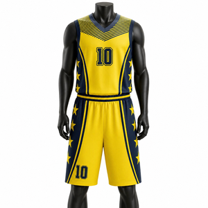 Ensemble de maillots de basket-ball respirants sublimés personnalisés, unisexe, short jaune bleu marine, col en V, uniforme sportif, motif étoiles, numéro 10 - Product Image 1