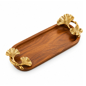Bandeja Redonda de Madera de Mango Directo de Fábrica con Asas de Metal Dorado con Diseño de Hoja de Ginkgo, Plato Decorativo Moderno para Servir a un Precio Razonable - Product Image 2