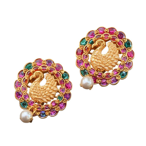 Peacock Stud Earrings with Golden Imitation Pearls 24K Gold Plated Zircon - Product Image 2