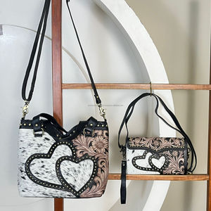 New Arrival Hand Tooled Leather Cowhide Heart Design Messenger Bag Set Western Floral Satchel Bag with Matching Wallet for Women - Product Image 4