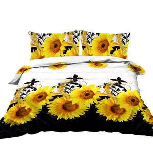 Ensemble de 3 housses de couette tournesol à fond noir et blanc Literie en polyester à fleurs jaunes pour adultes Décoration de chambre King Size - Product Image 5
