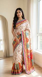 Sari de Seda Viscosa Pura con Bordado Meenakari y Zari, Borde Floral, Traje Tradicional Indio para Bodas y Fiestas, Largo hasta el Suelo para Mujer - Product Image 3