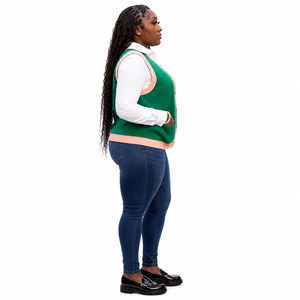 Women's Green Knit Sleeveless <b>Cardigan</b> Contrast Color <b>Button</b> Front V-Neck Casual Top Regular Length Solid Pattern - Product Image 3