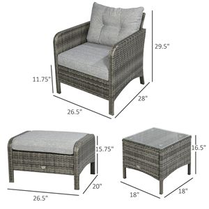 Set di 5 Sedie Lounge in Rattan Grigio per Esterni con Cuscini, Pouf e Tavolo in Vetro - Product Image 3
