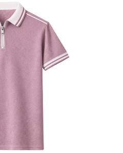 Polo de hombre personalizado con media cremallera, rosa empolvado con cuello blanco a rayas, manga corta, tejido texturizado, top informal, OEM personalizado - Product Image 3