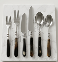 Ensemble de couverts de luxe en acier inoxydable 6 pièces avec manche incrusté de corne, fourchette, couteau, cuillère, vaisselle de table haut de gamme