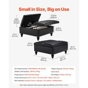 Pouf Contenitore Quadrato in Pelle da 34 Pollici, Design Trapuntato con Bottoni, Tavolino da Caffè Sollevabile, Sgabelli Ottomani Rivestiti in Pelle PU - Product Image 3