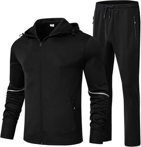 Solid Color Casual Windproof Polyester Fabric Autumn Sport Outfit Men's Hooded Tracksuit 2 Pieces Set Full <b>Zip</b> Jacket Sweatpants - Product Image 6