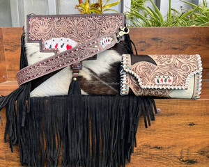 Sac à bandoulière à franges en cuir fait main et sac à bandoulière en cuir de vachette porte-cartes en cuir repoussé à la main ensemble de portefeuilles pour femmes - Product Image 4