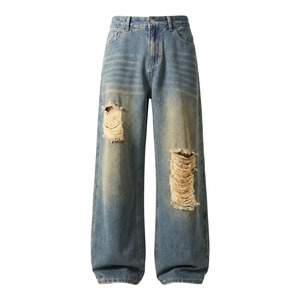 Jean en denim déchiré délavé coupe droite taille mi-haute pour homme, style décontracté vintage en coton uni, idéal été-printemps - Product Image 1