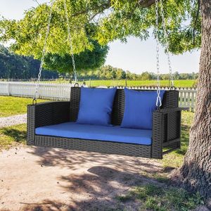 Sedia a dondolo in rattan nero da 49 pollici con cuscino blu, resistente sedia a dondolo da patio in rattan - Telaio non incluso - Product Image 6