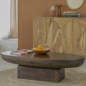 Mesa de Centro de Madera de Mango Sólida con Tapa Ovalada Gruesa y Bordes Suaves, Base de Pedestal Resistente, para Hogar, Oficina, Restaurante, Centro Comercial - Product Image 1