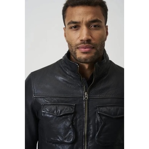 Veste Homme Slim Fit 100% Cuir de Mouton Véritable, Style Motard Vintage, Cuir Ciré Grainé, Col Montant, Quatre Poches - Product Image 3