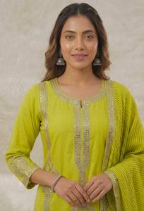 NiMa Creations Women's Lime <b>Green</b> <b>Silk</b> Salwar Kameez Gold Embroidery Traditional Indian Pakistani Casual Wedding Outfit - Product Image 2