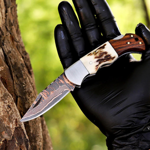 Cuchillo Plegable de Acero de Damasco y Cobre con Punta Recta, Mango de Cuerno, Bloqueo Trasero, Cuchillo Utilitario EDC de Grado Industrial AR KNIVES - Product Image 2