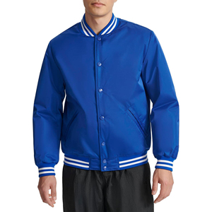 Chaqueta Varsity Personalizada para Hombre en Azul Rey con Ribete a Rayas, Chaqueta Bomber de Satén, Ropa Exterior Casual Universitaria al por Mayor - Product Image 1