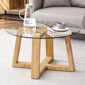 Moderno pratico tavolino circolare trasparente in vetro temperato colore legno MDF formato materiale 31.5 "* 31.5" * 17.7 "per - Product Image 2
