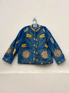 Chaqueta de terciopelo azul real premium para mujer, ropa étnica de invierno, manga larga, cuello mandarín, abrigo corto a precio de fábrica - Product Image 3