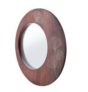 Miroir mural rond moderne en bois avec incrustation de feuilles en laiton doré, miroir décoratif, grand miroir circulaire pour salon, chambre à coucher - Product Image 3