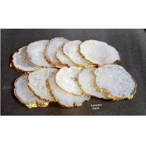 Luxury Natural White Agate <b>Coaster</b> Handmade Gemstone Drink <b>Coaster</b> with Gold Edge for Home Decor and Gifts from Aameena Agate - Product Image 2