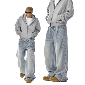 Jeans de mezclilla OEM American Vintage lavados de cintura media, corte limpio, para hombre y mujer, estilo urbano, pierna recta, versátiles, holgados, casuales, de pierna ancha. - Product Image 2